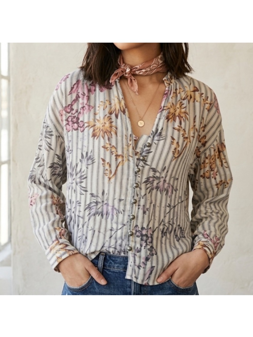 Anthropologie Pilcro Tavi Blouse Size Small Striped Floral Button Up Cottagcore